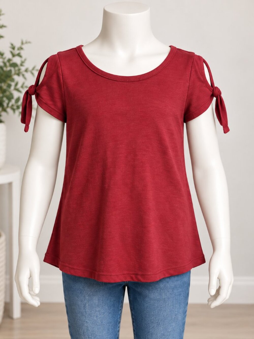 Girls No Boundaries Burgundy Cold Shoulder Tie Sleeve Top S/CH (3-5)